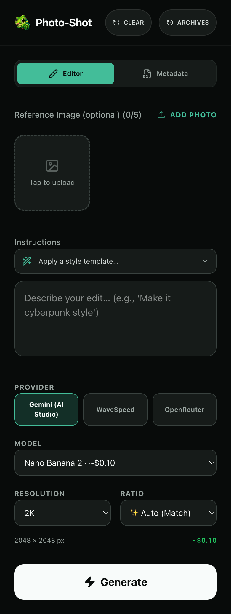 Editor tab: multi-provider AI image editing with model-aware controls