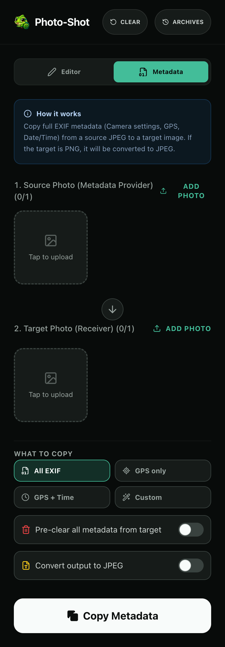 Metadata tab: EXIF metadata copier