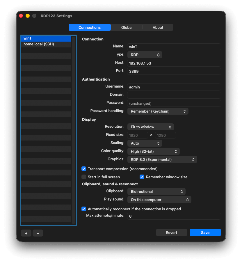RDP123 settings window with connection list and editor