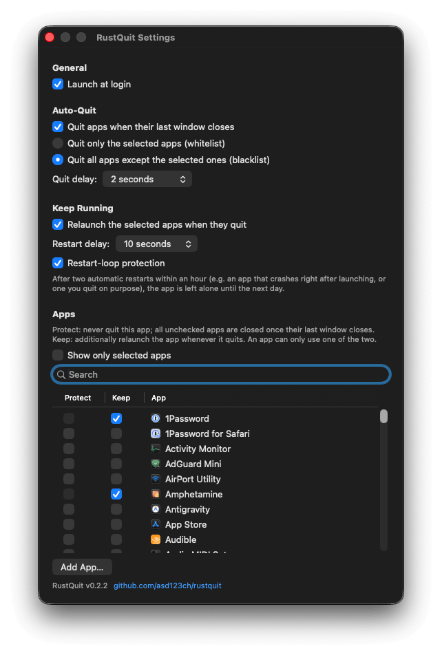 RustQuit settings window with searchable app list